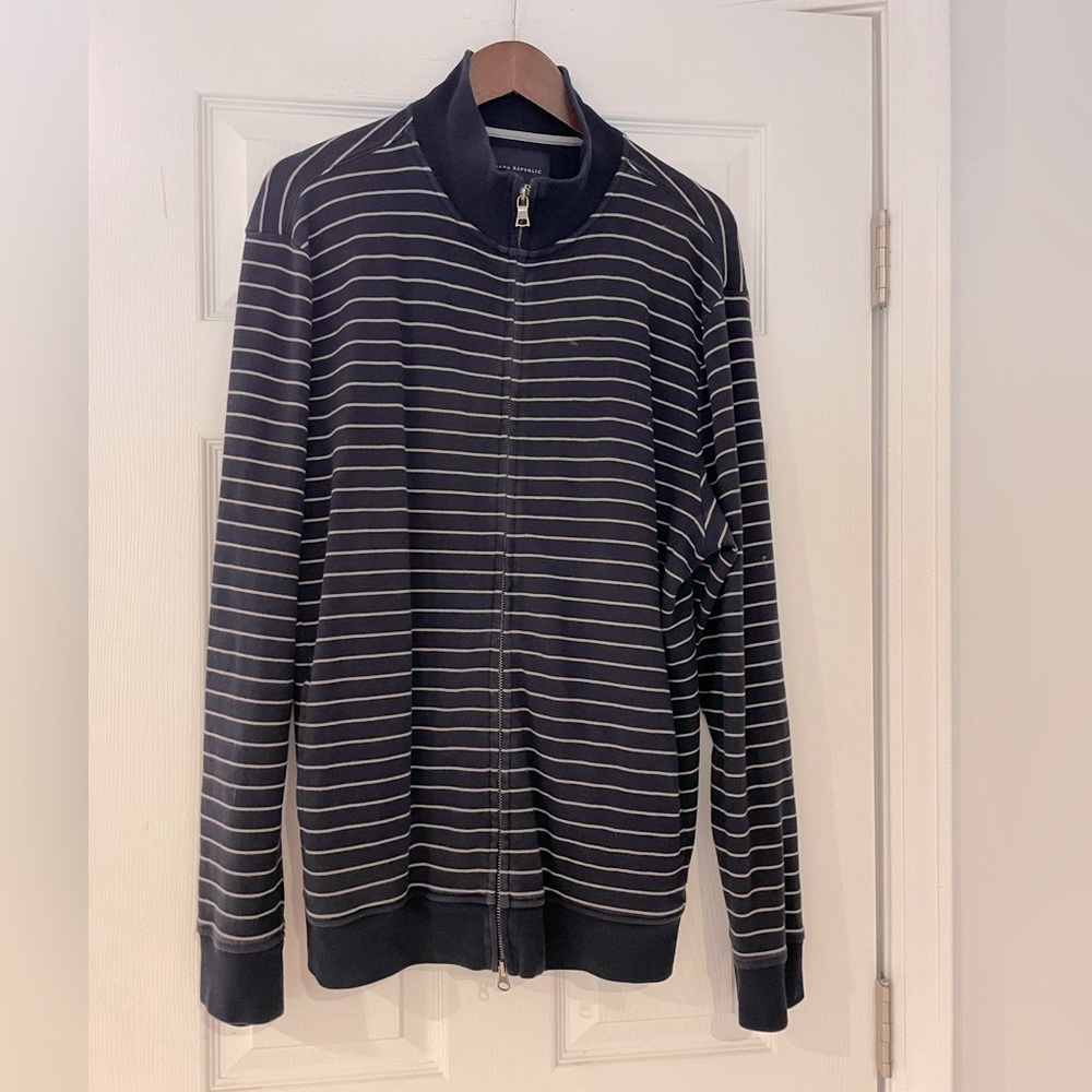 BANANA REPUBLIC cotton full zip navy and white striped sweater